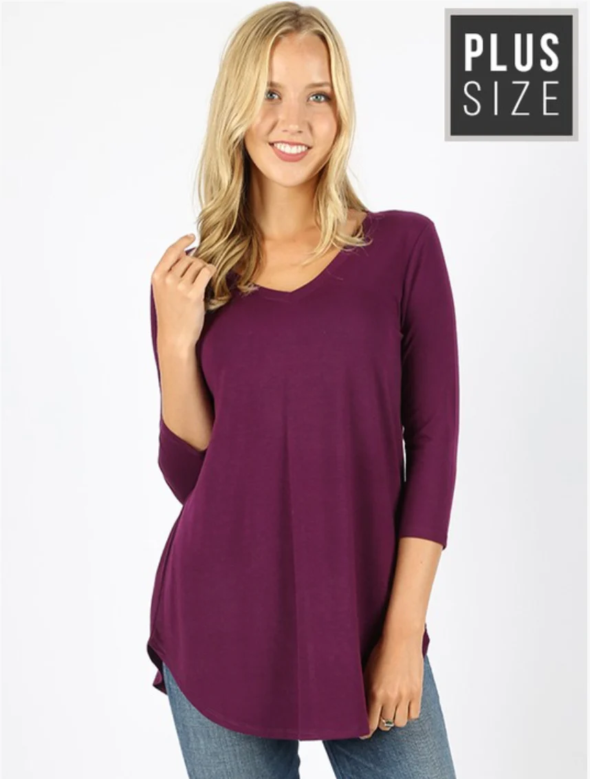 PLUS SIZE 3/4 Sleeve V-Neck Front Back Scoop - Image 25