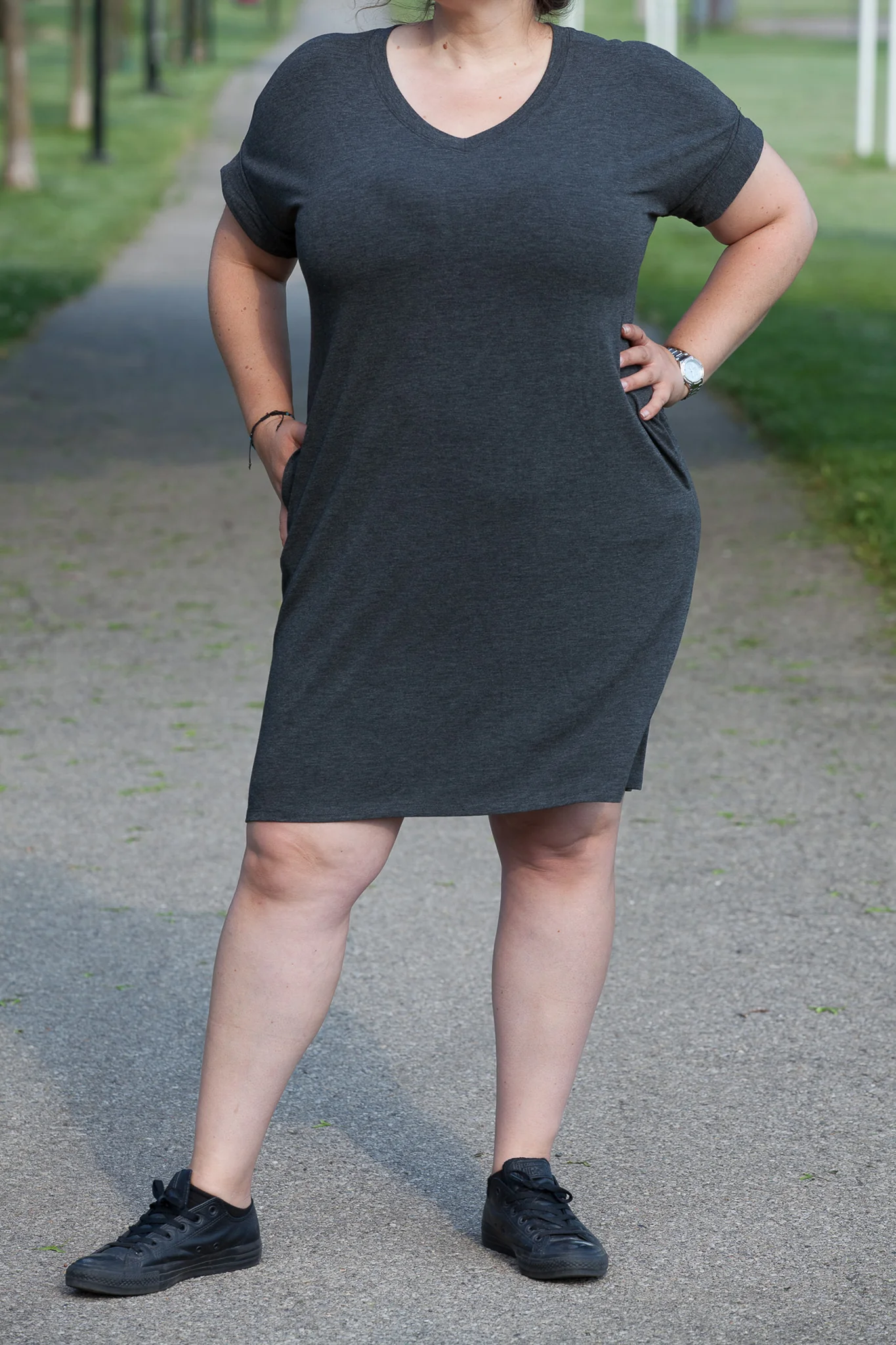 PLUS SIZE Rolled Short Sleeve V-Neck Dress (WITH POCKETS) - Image 7