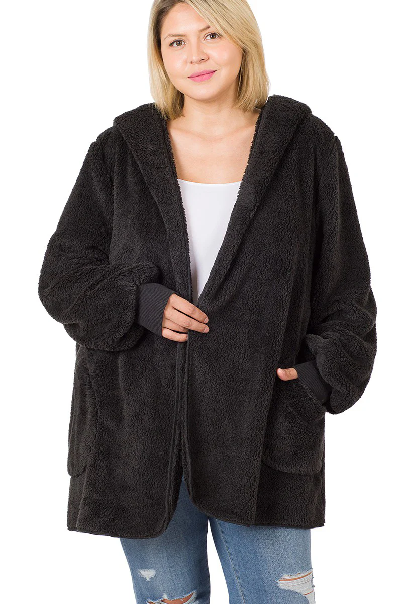 Plus Size Ultra Soft Faux Fur Hooded Sweater (With Pockets) - Image 3