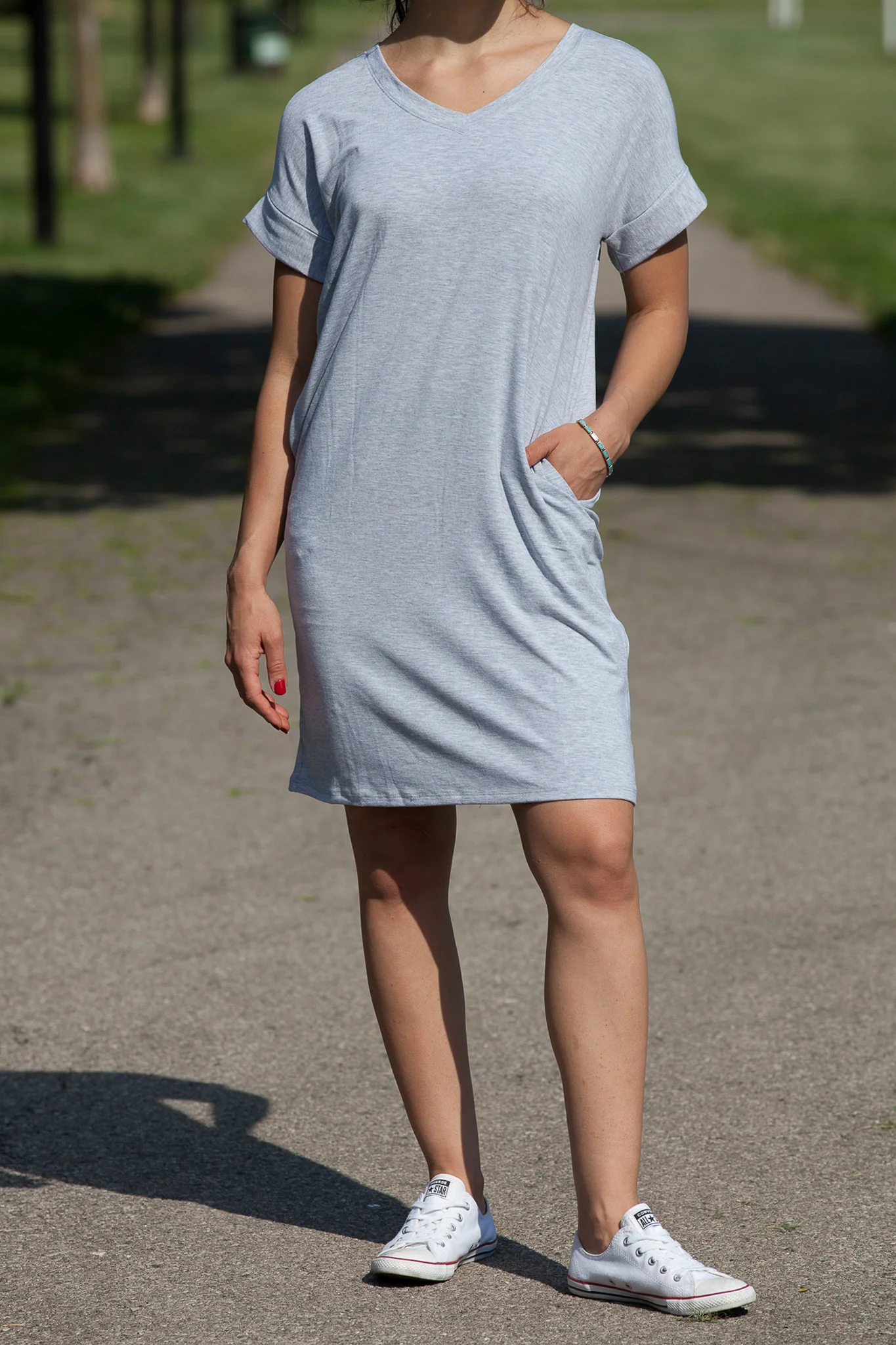Rolled Short Sleeve V-Neck Dress (WITH POCKETS) - Image 24